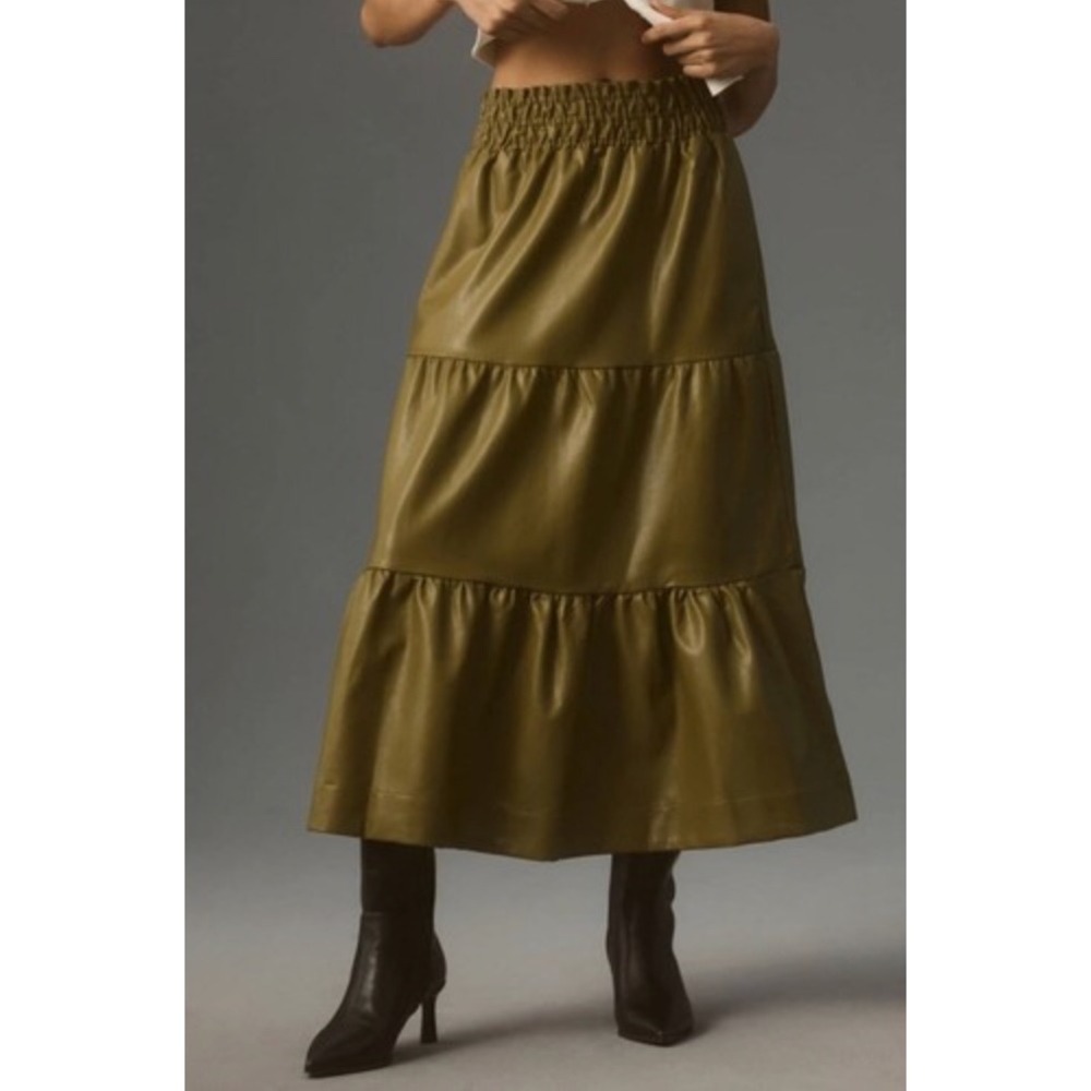 Anthropologie The Somerset Maxi Skirt Olive Green Faux Leather Tiered Womens M